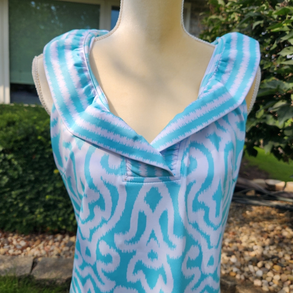 Gretchen Scott Dress Ruffle Ruffneck Sheath Turquoise Arabesque Size L Wedding - Picture 5 of 10